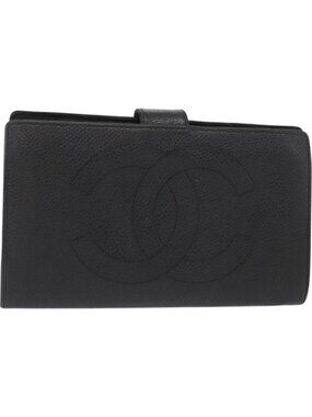 CHANEL COCO Mark Long Wallet Grained Calf Skin Black Gold CC